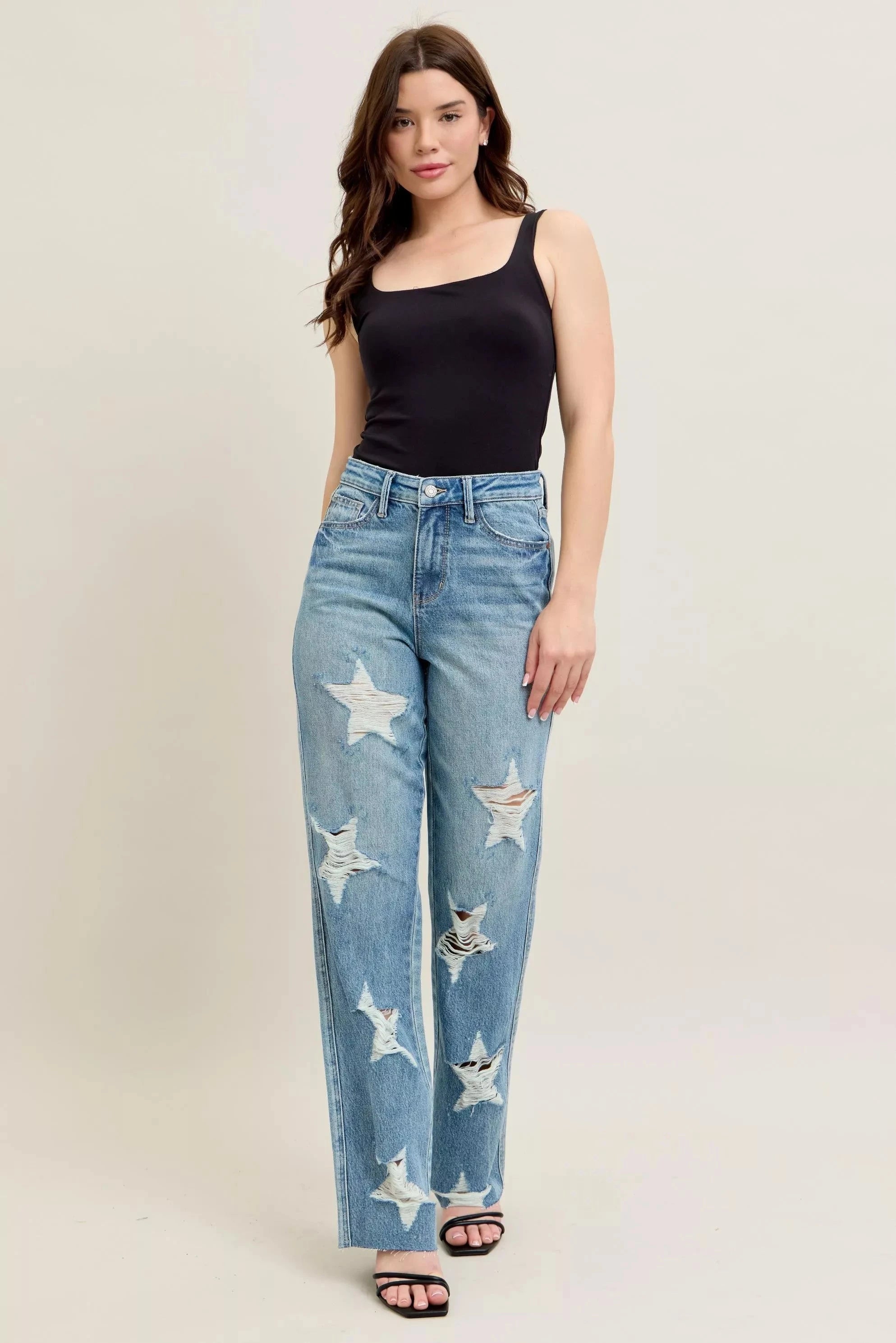Judy Blue Full Size High Waist  Rigid Magic Star Shaped Destroy 90's Straight Jeans Plus Size Coco’s Tee Boutique