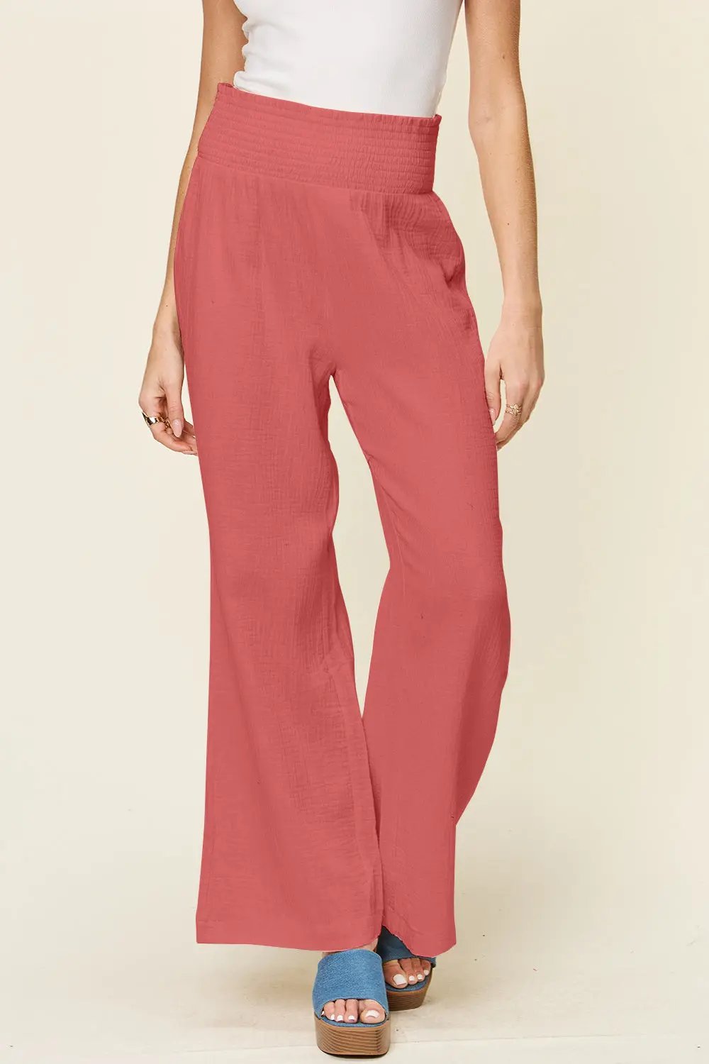 Double Take Full Size Texture Smocked Waist Wide Leg Pants - Love Salve