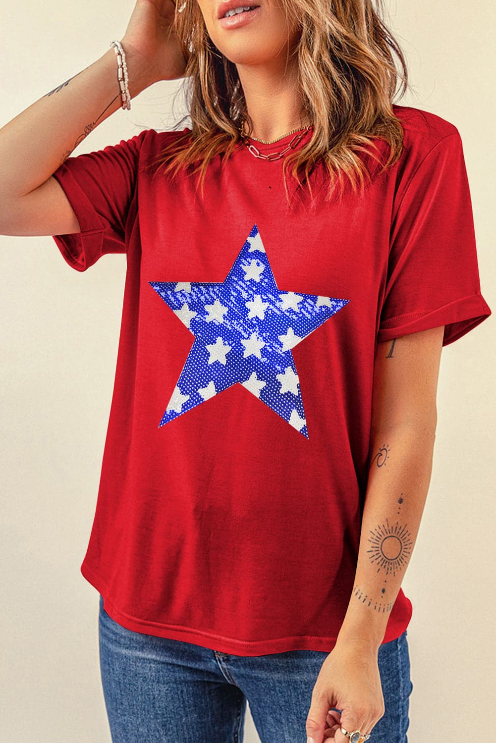 Sequin Star Round Neck Short Sleeve T-Shirt.