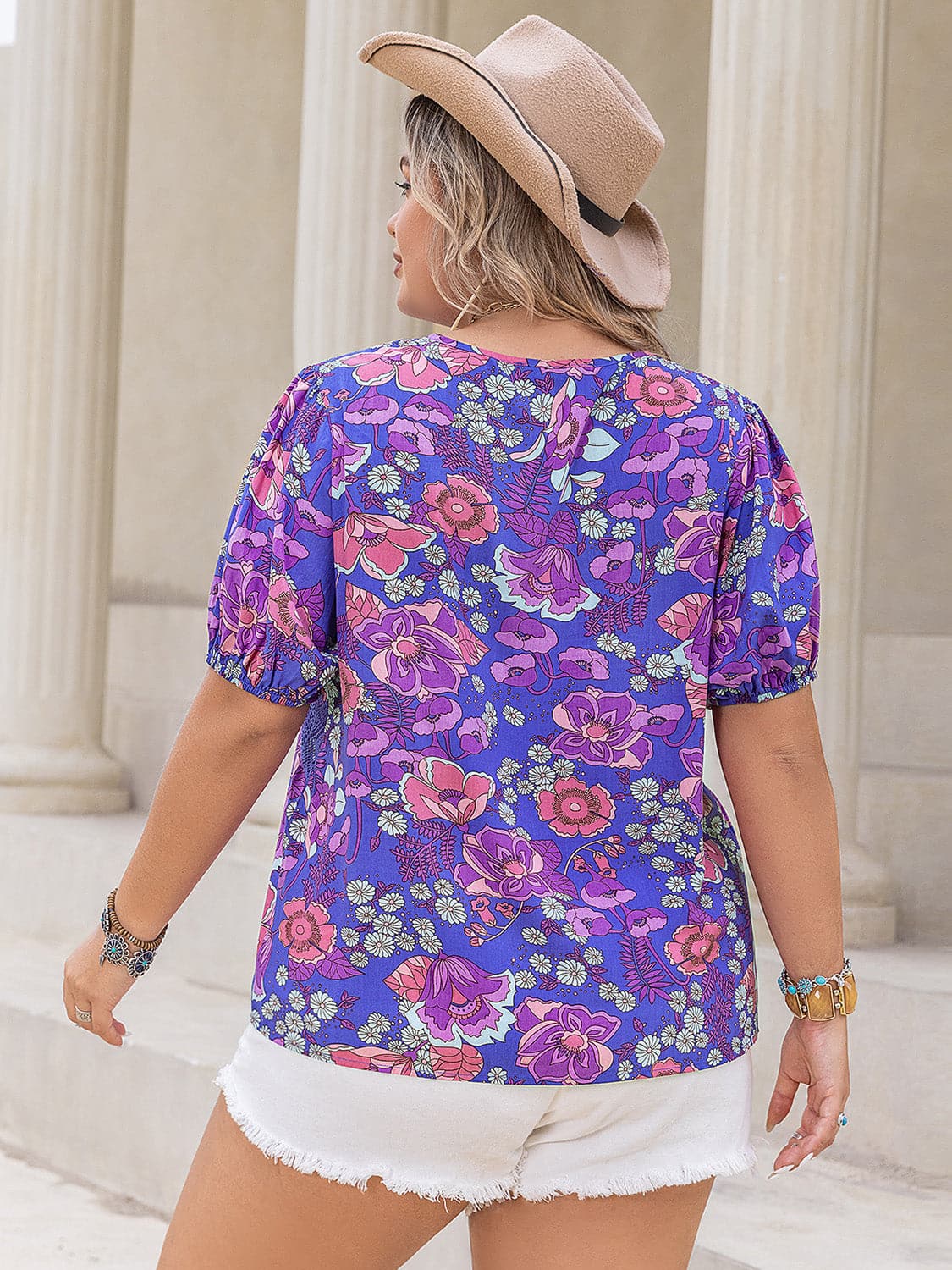 Plus Size Printed Notched Short Sleeve Blouse.