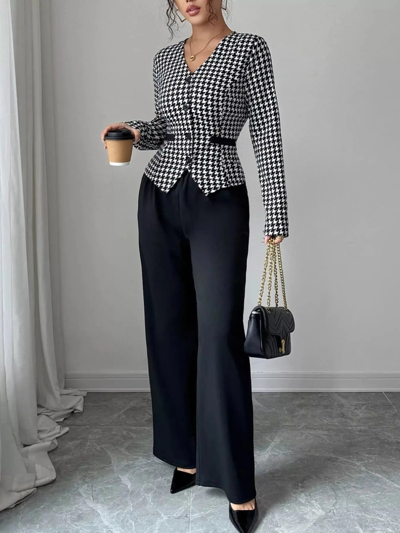 Houndstooth Blazer & Wide Leg Pants Set Simply Love