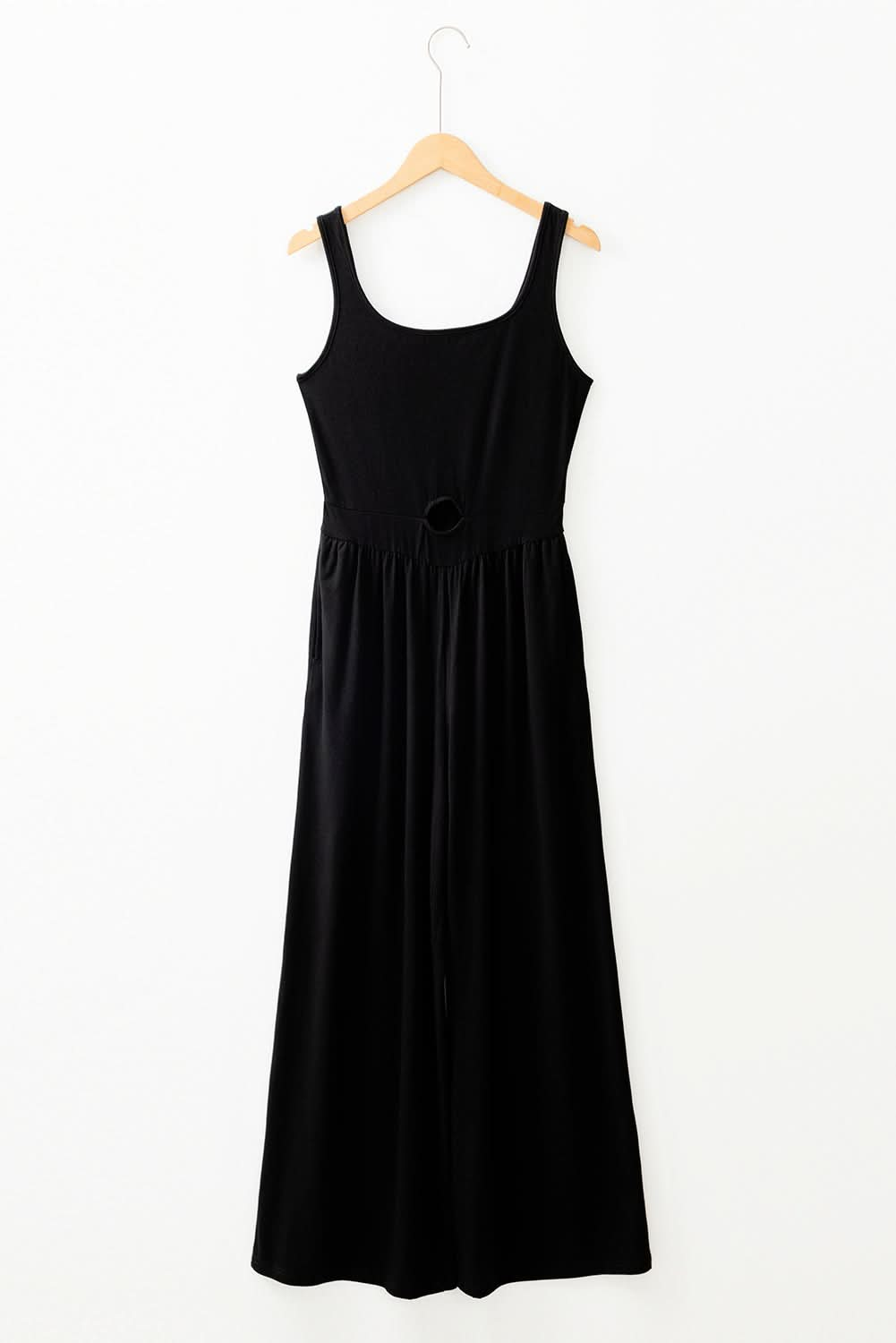 Chic Black Peekaboo Wide Leg Jumpsuit with Square Neck and Sleeveless Design