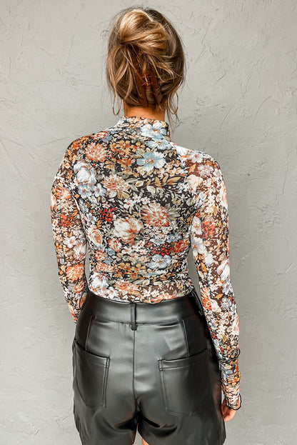 Elegant brown floral mesh blouse with high neck and long sleeves