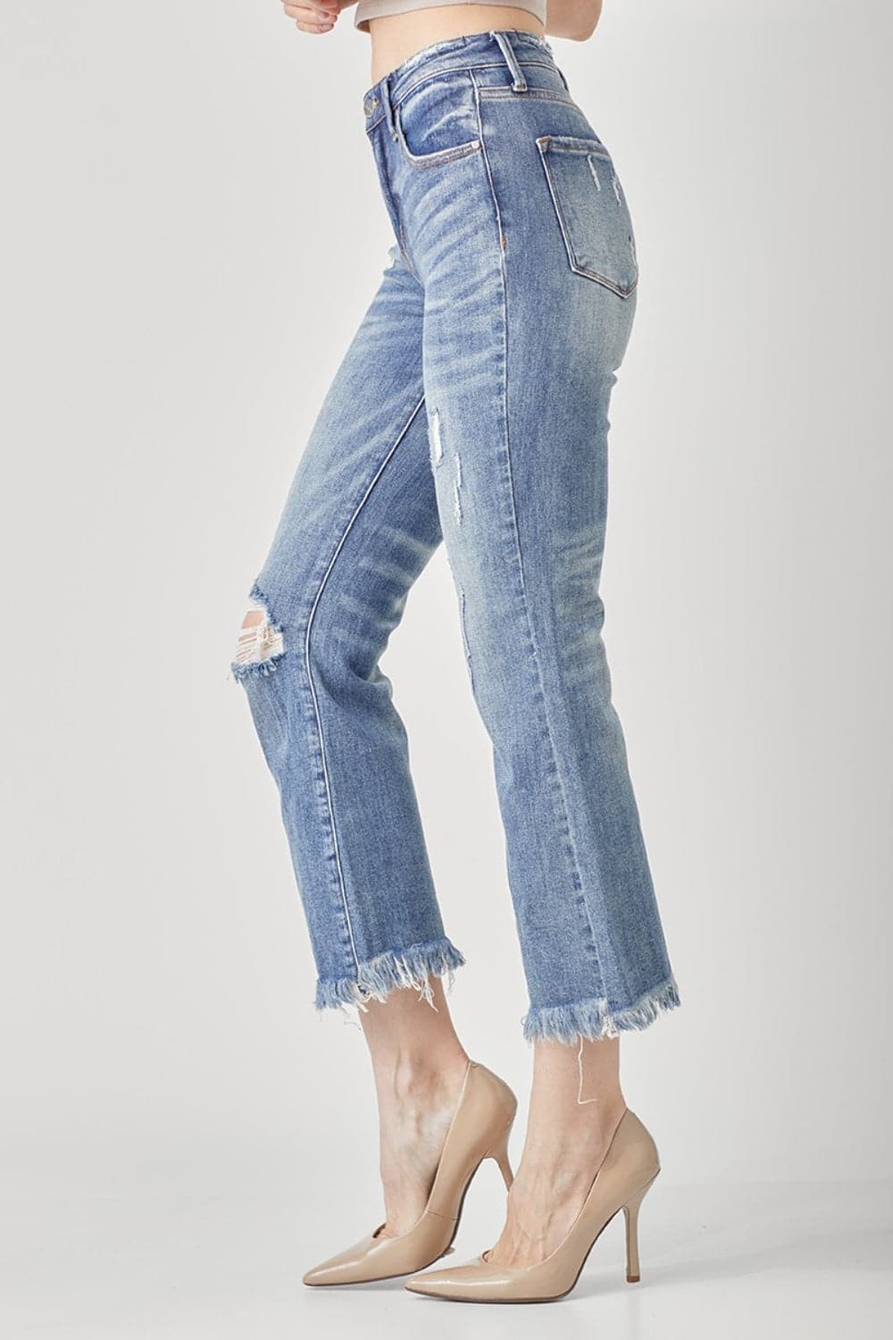 RISEN High Waist Distressed Cropped Bootcut Jeans.