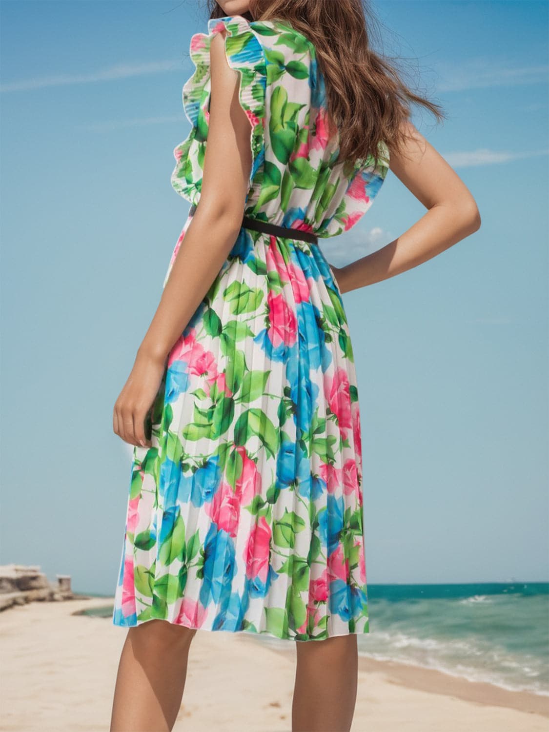 Ruffled Printed Surplice Cap Sleeve Dress.