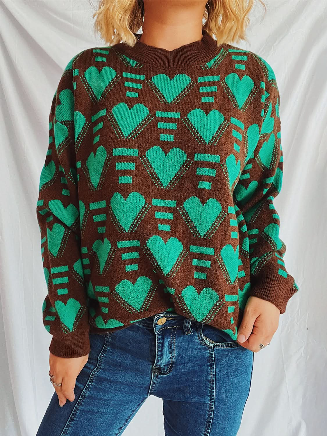 Heartfelt Contrast Long Sleeve Sweater with Dropped Shoulders