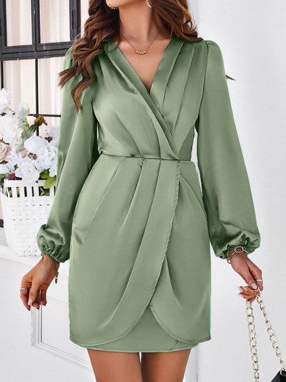 Ruched Surplice Long Sleeve Mini Dress.