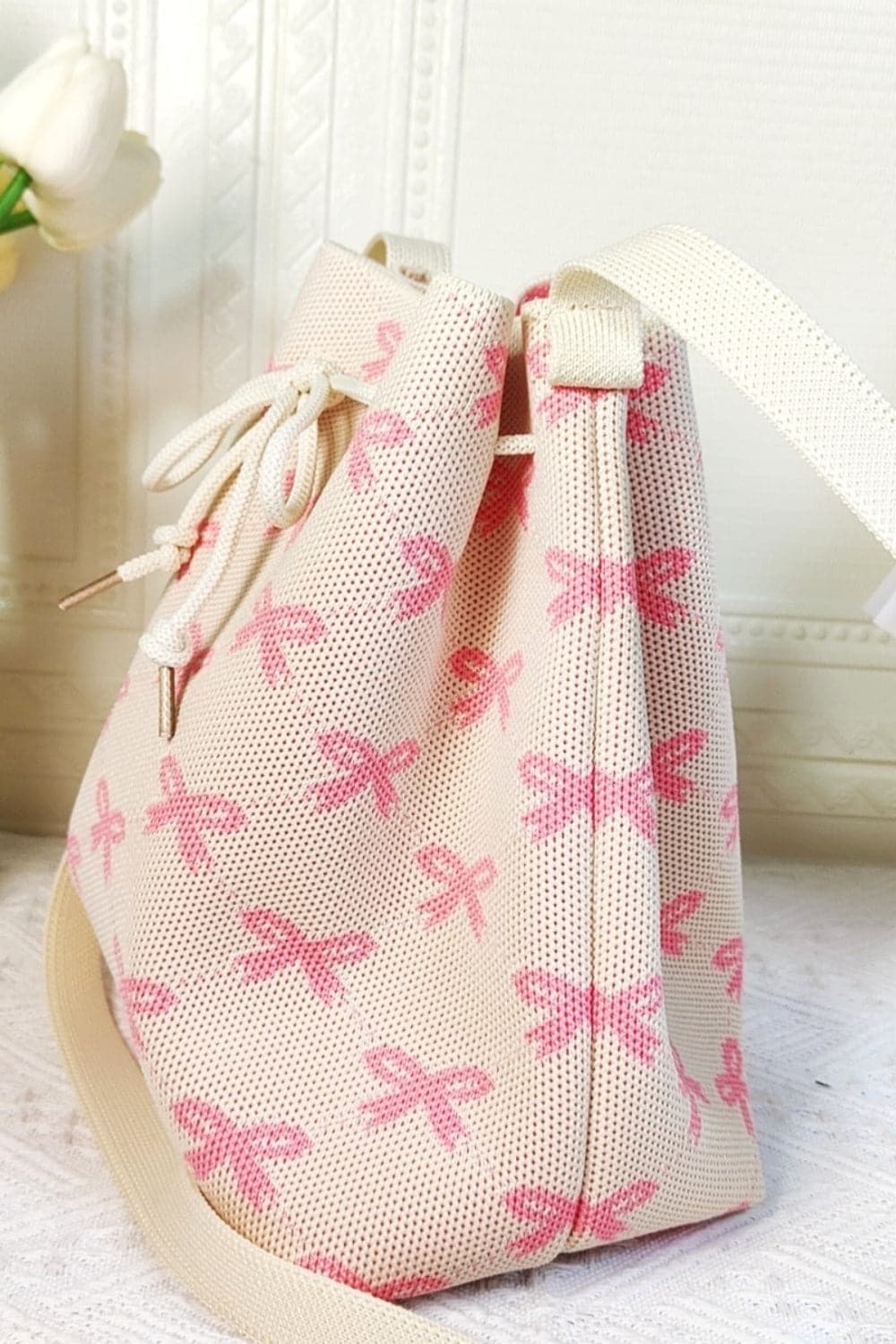 Zenana Ribbon Bowknot Pattern Crossbody Bucket.