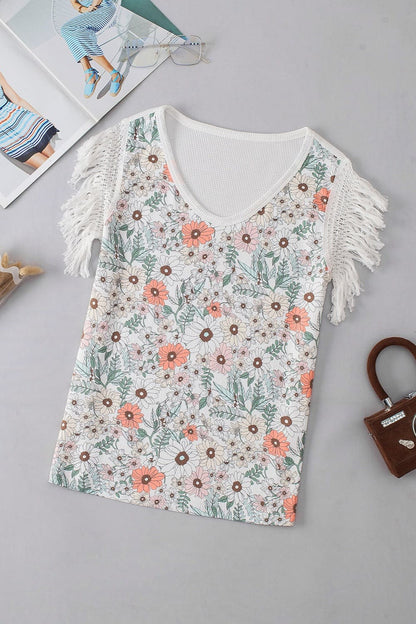 Fringe Printed V-Neck Top.