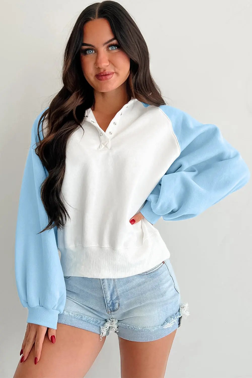 Blue Casual Beau Blue Colorblock Snap Buttons Pullover Sweatshirt - Back view by Dear-Lover Dropshipping