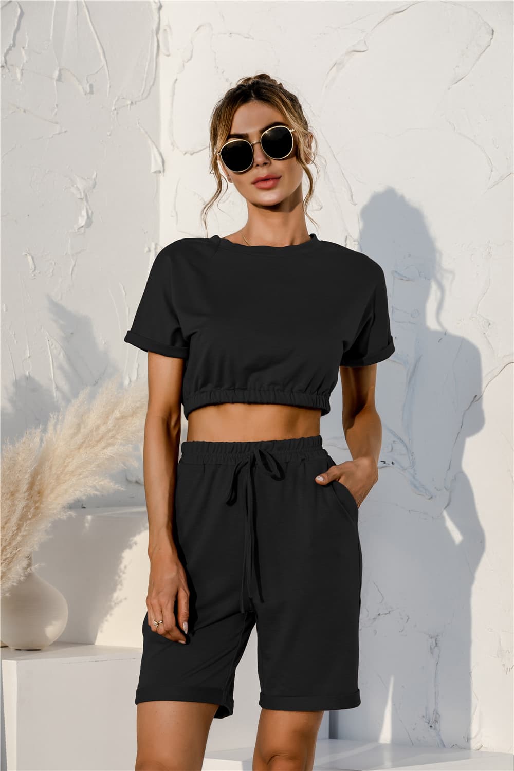 Short Sleeve Cropped Top and Drawstring Shorts Lounge Set.