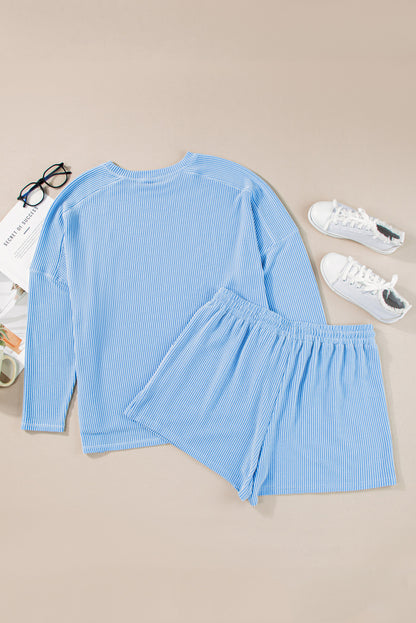 Chic light blue ribbed plus size lounge set with drawstring shorts