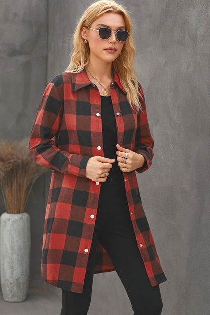 Chic plaid shirt coat with elegant turn-down collar in fiery red