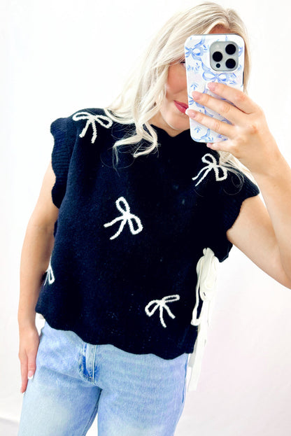 Black Bow Pattern Scalloped Hem Tie-Side Sweater T-Shirt