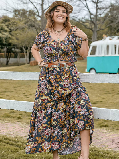 Plus Size Tie Neck Short Sleeve Top and Skirt SetUpgrade Your Wardrobe with our Plus Size Tie Neck Short Sleeve Top and Skirt Set
 Step into style with our chic two-piece set featuring a tie neck short sleeve top aLove Salve Size Tie Neck Short Sleeve Topjust arrived