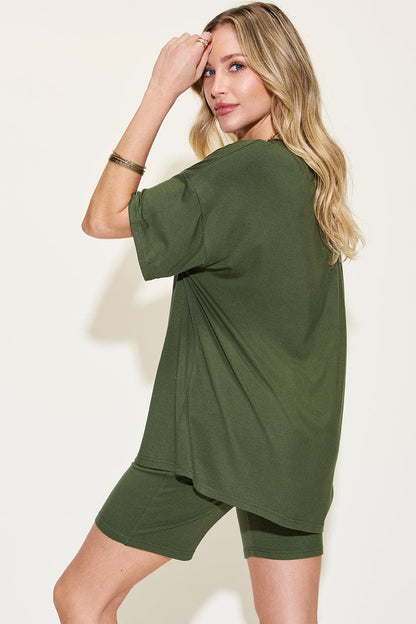 Basic Bae Full Size V-Neck Drop Shoulder T-Shirt and Shorts Set.