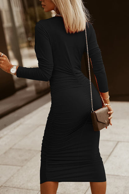 Ruched Surplice Long Sleeve Midi Dress.