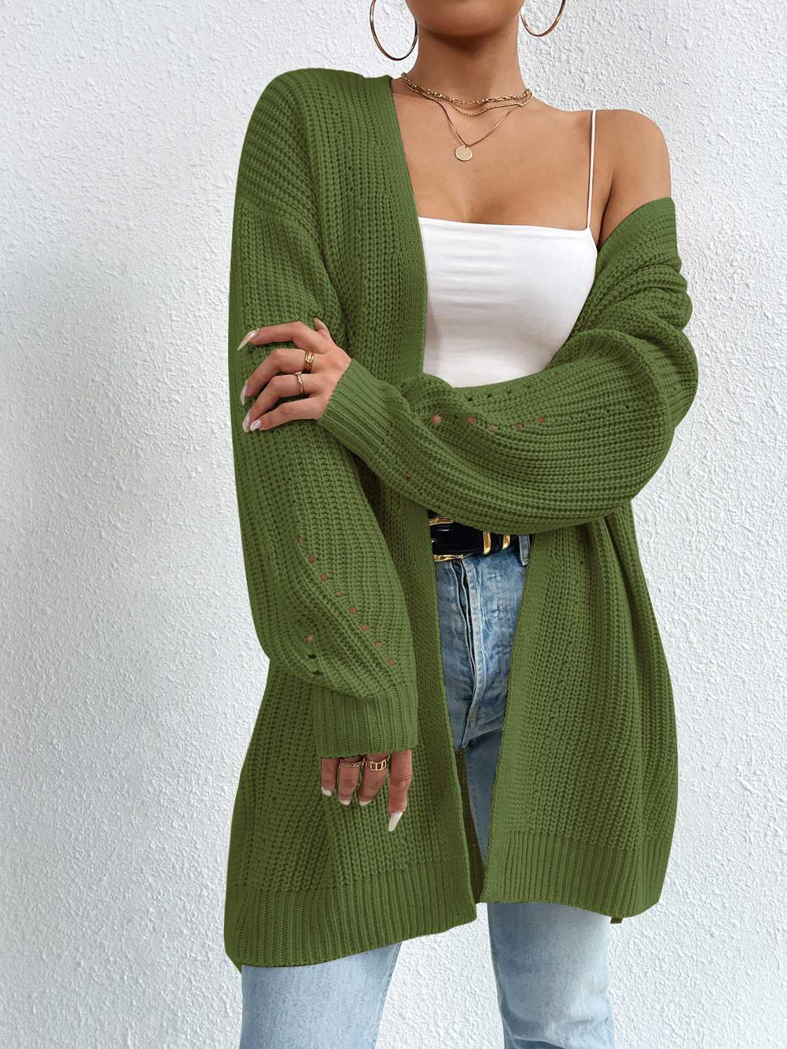 Open Front Dropped Shoulder Slit Cardigan.