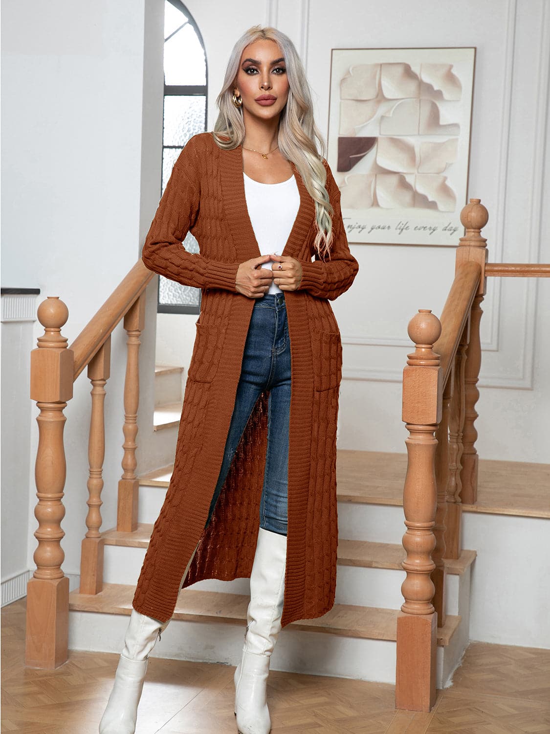 Cable-Knit Open Front Cardigan with Pockets.