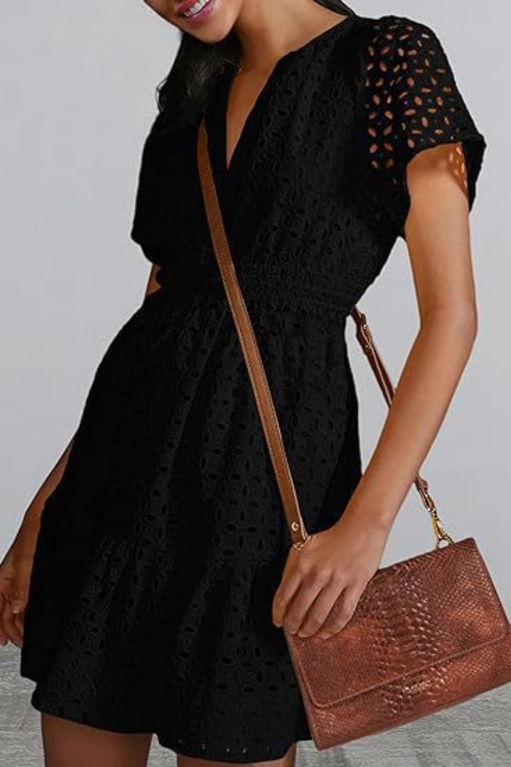 Sheer eyelet mini dress with sleeves