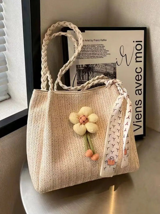 Floral Decor Woven Straw Tote Bag Simply Love