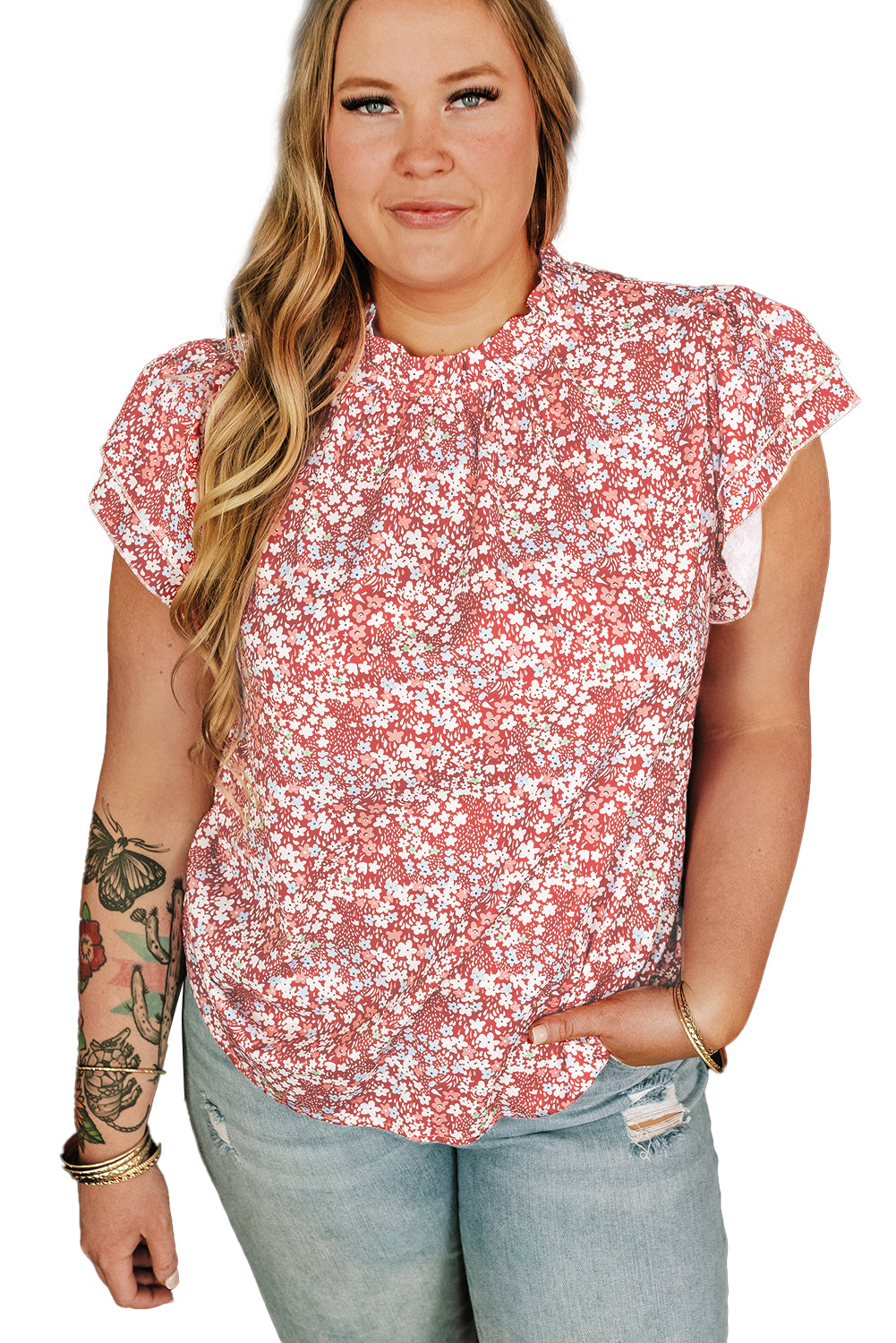 Chic pink plus size floral ruffle sleeve blouse