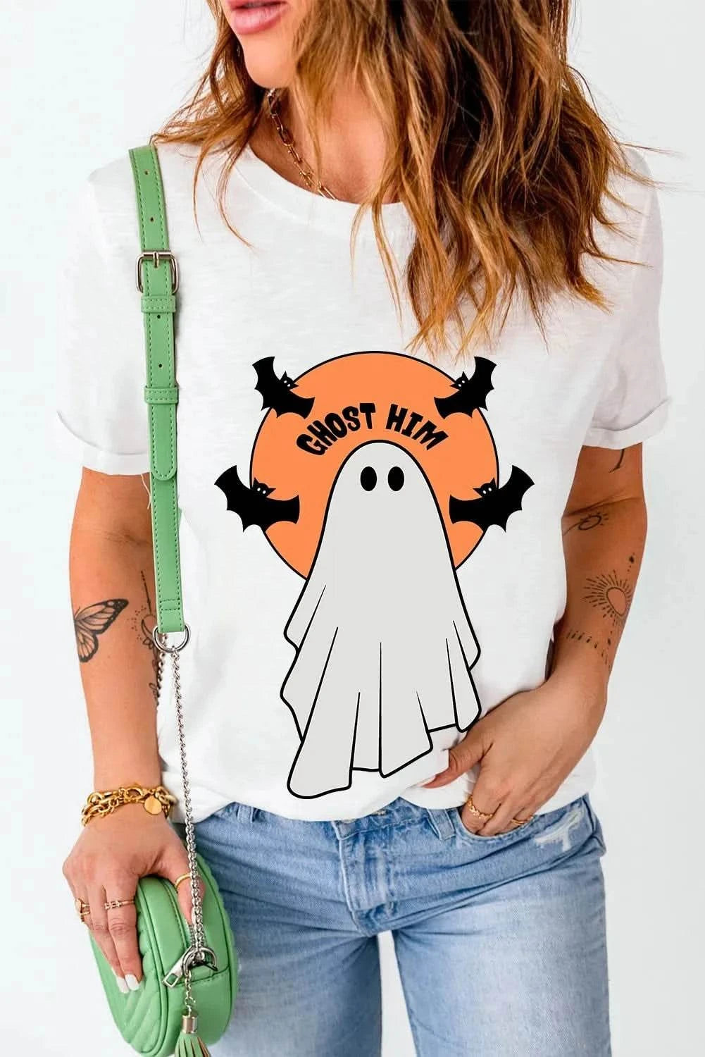 Full Size Ghost Round Neck Short Sleeve T-Shirt with ghost and bats design in white, made of polyester, cotton, and elastane.