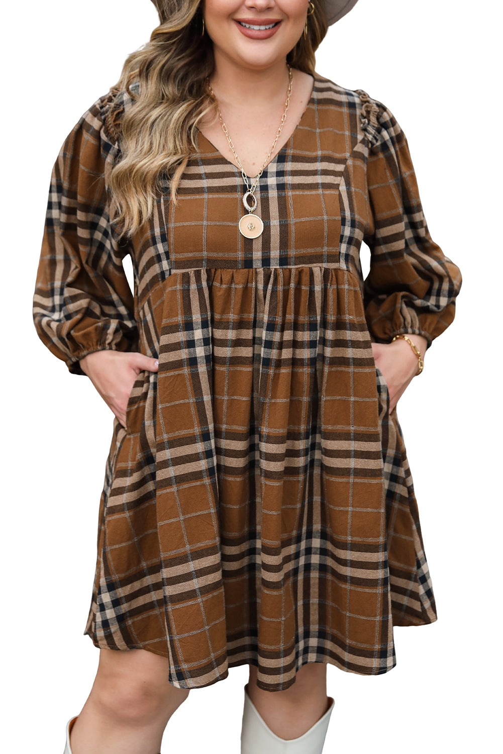 Chic brown plaid plus size babydoll dress with frilled sleeves