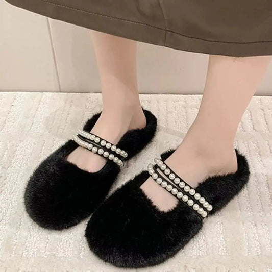 Pearl Embellished Plush Slippers Simply Love