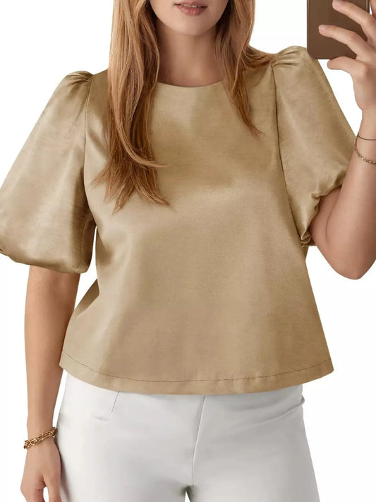 Round Neck Puff Sleeve Satin Top Simply Love