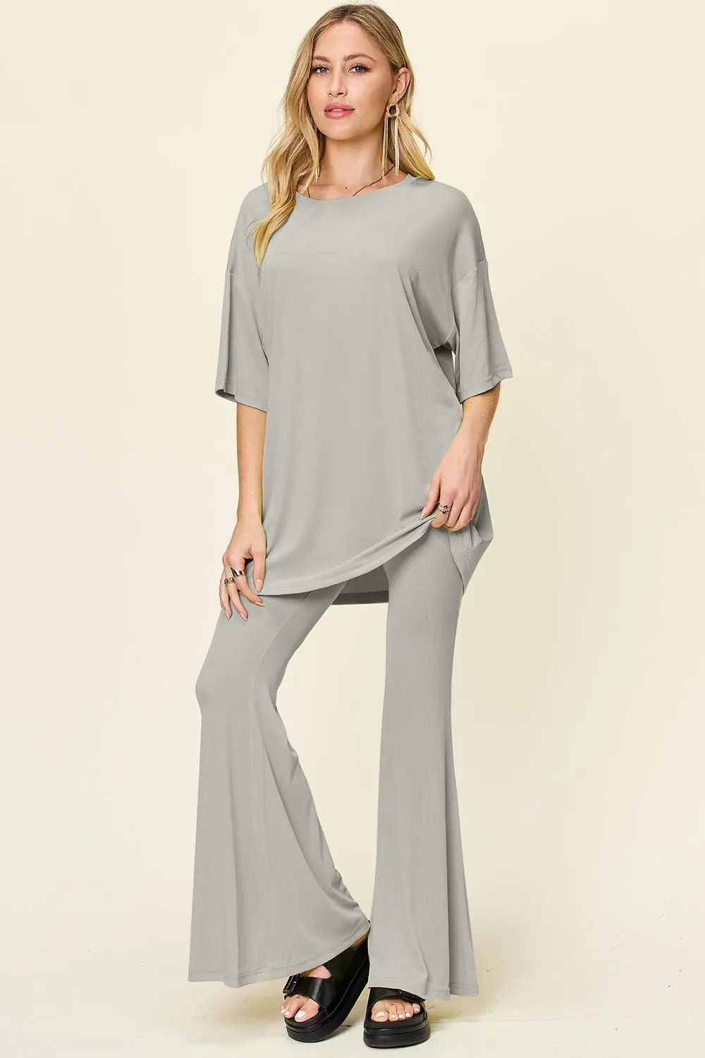Double Take Full Size Round Neck Drop Shoulder T-Shirt and Flare Pants Set - Love Salve