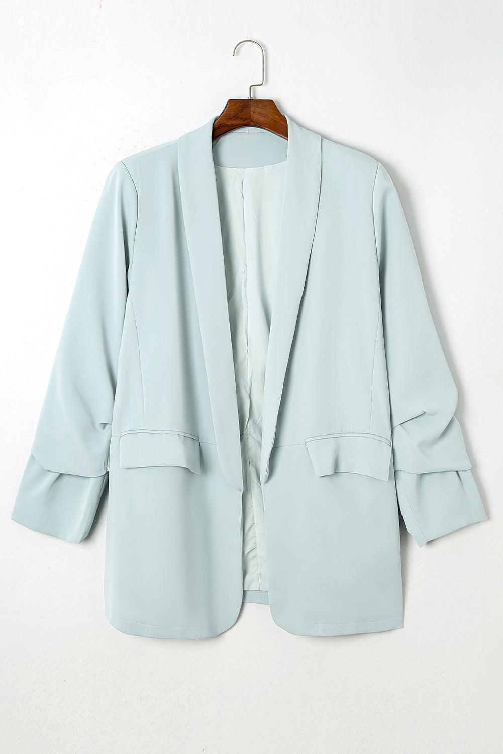 Chic sky blue plus size lapel blazer with pockets for effortless elegance