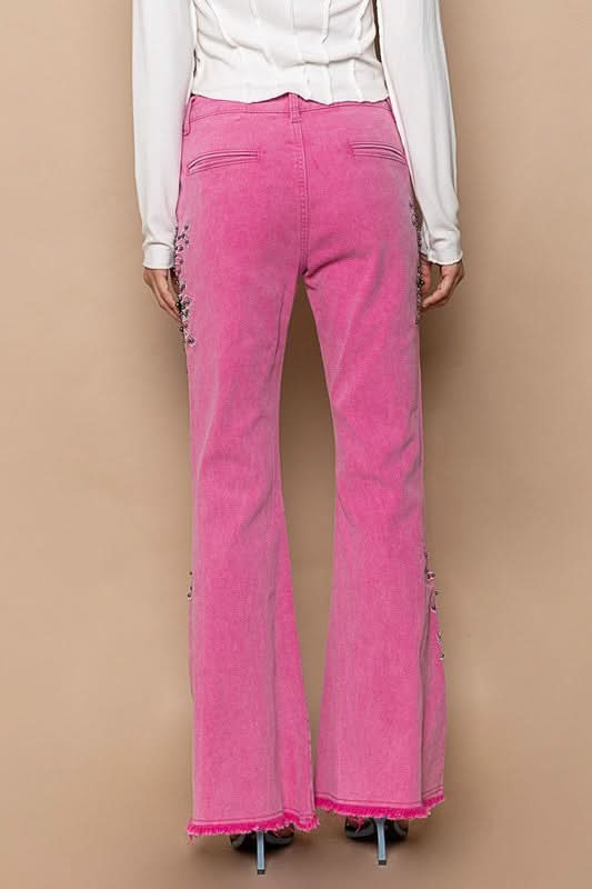 Embroidered Bohemian Flare Trousers with Raw Hem