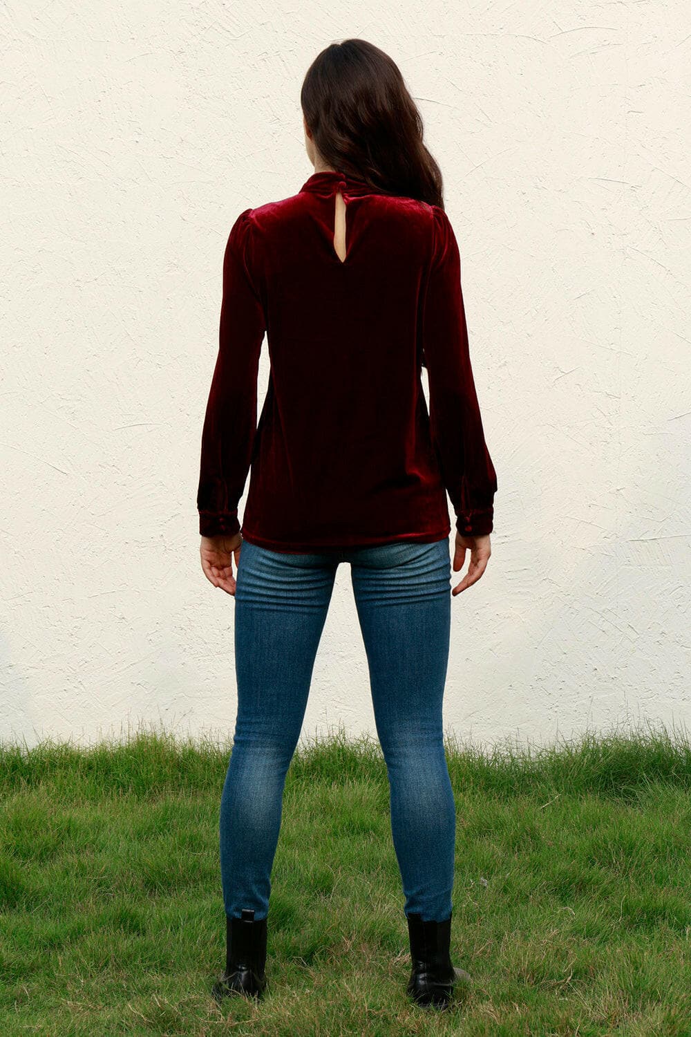 Cutout Puff Sleeve Velvet Blouse.