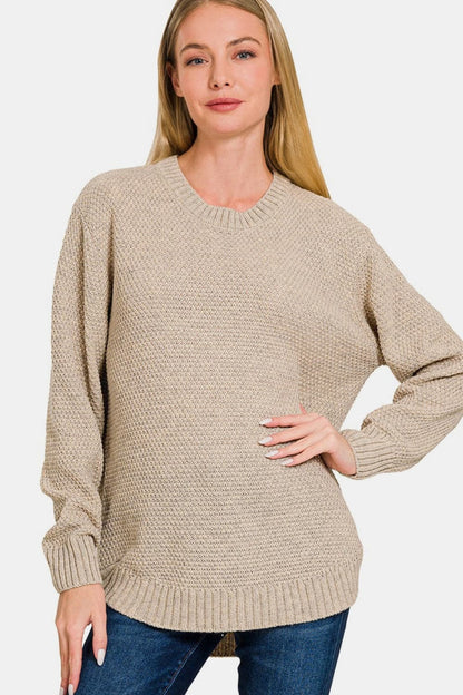 Zenana Ful Size Round Neck Long Sleeve Curved Hem Sweater.