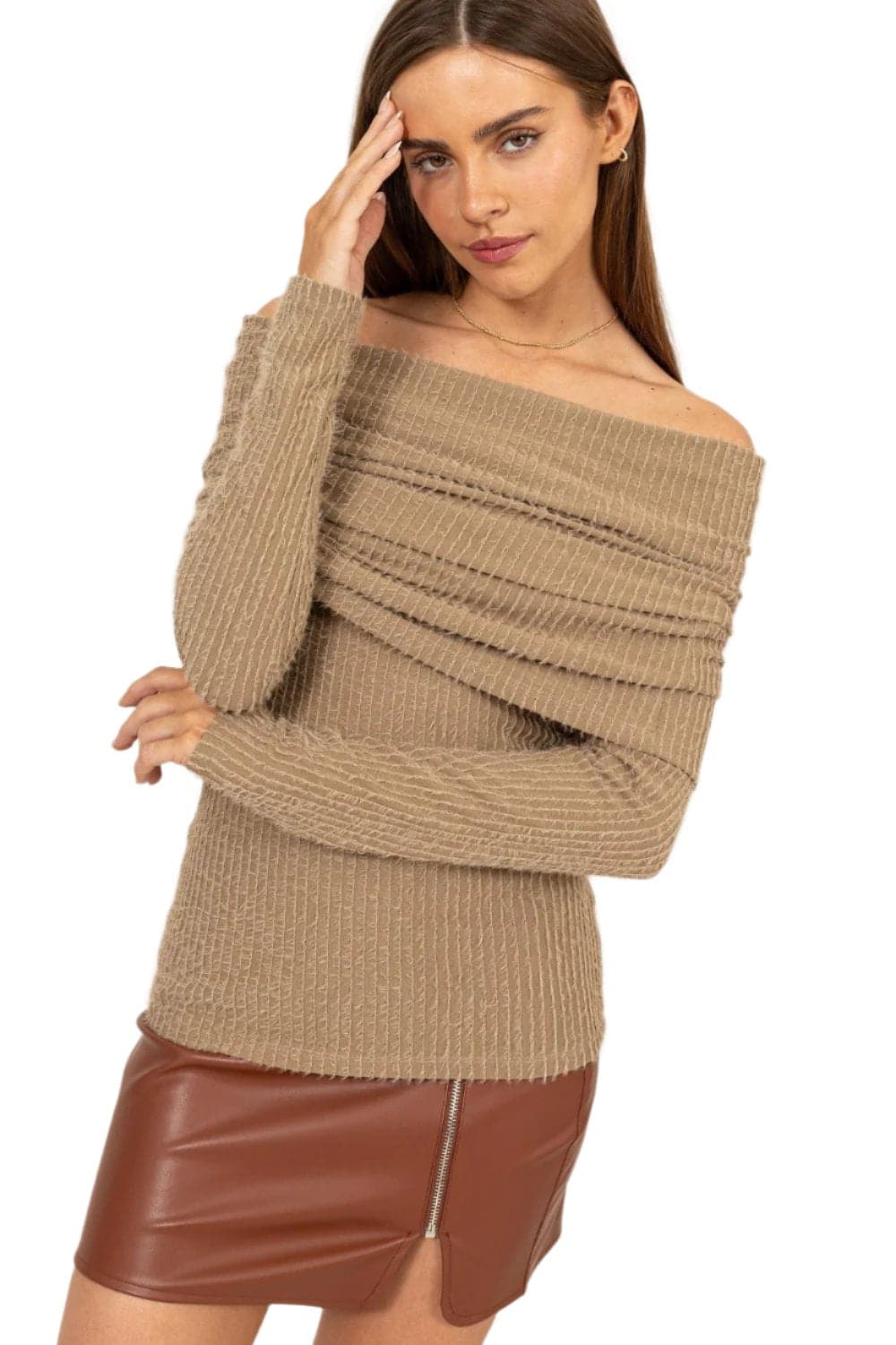 HYFVE Fuzzy Off shoulder Textured Knit Top.