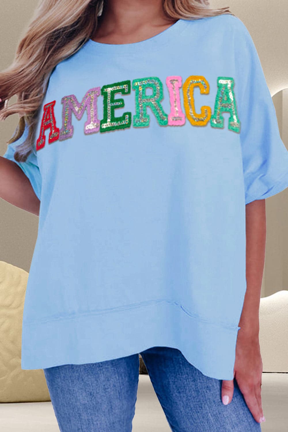 AMERICA Sequin Round Neck Half Sleeve T-Shirt.