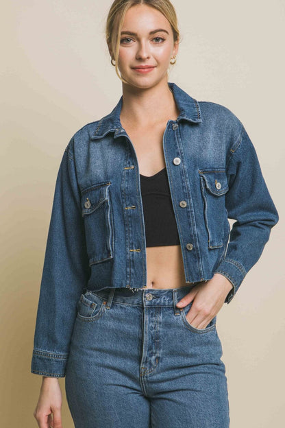 Love Tree Raw Hem Button Up Cropped Denim Jacket.