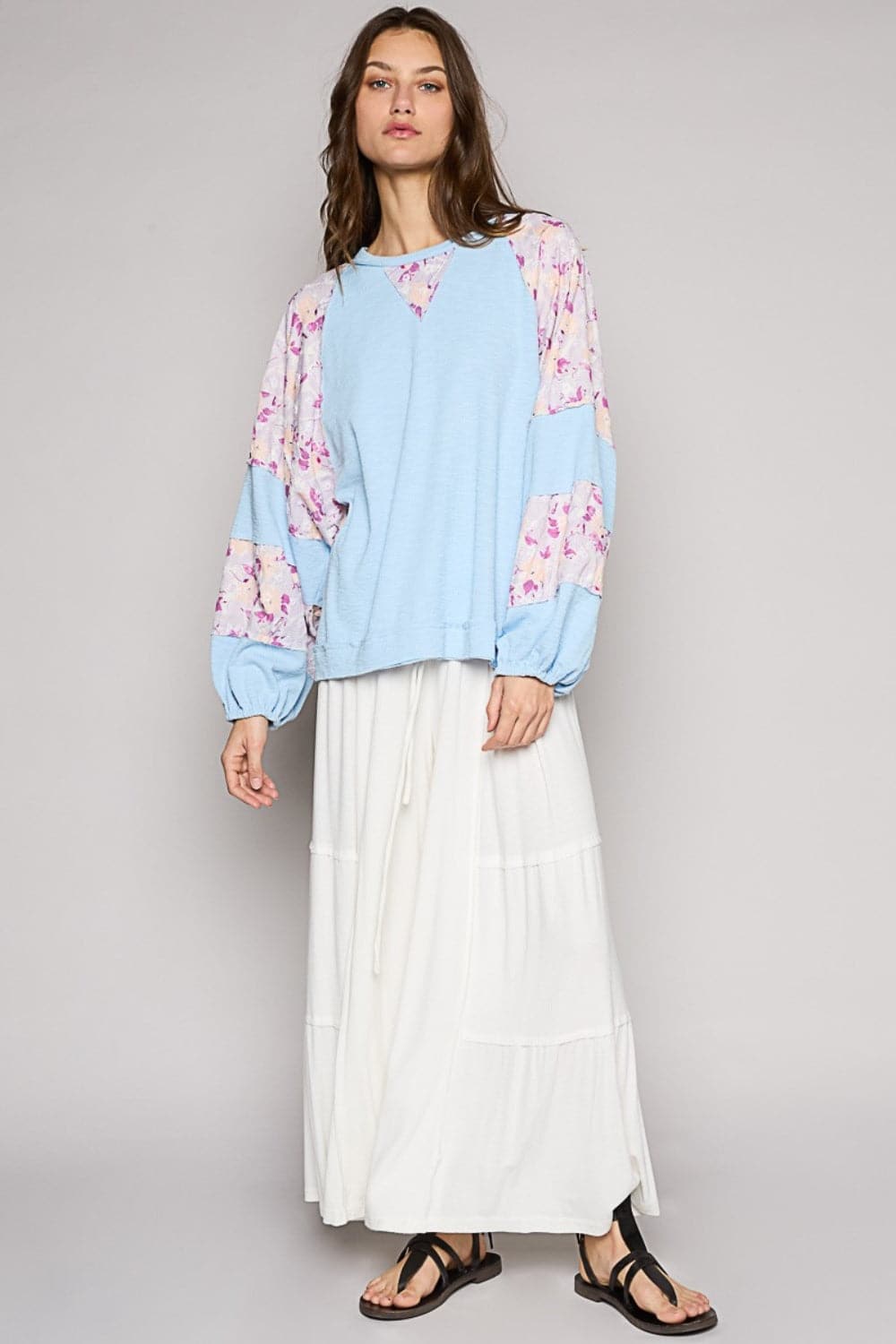 POL Round Neck Balloon Floral Long Sleeve Top.