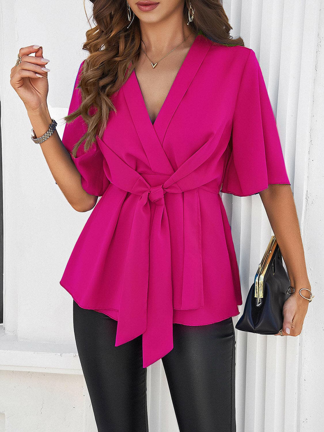 Surplice Tie Waist Half Sleeve Blouse.