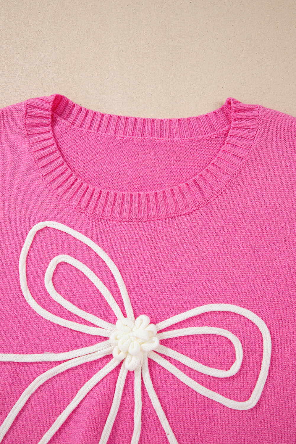 Charming Bright Pink Ribbed Trim Sweater with Flower Bow Detail