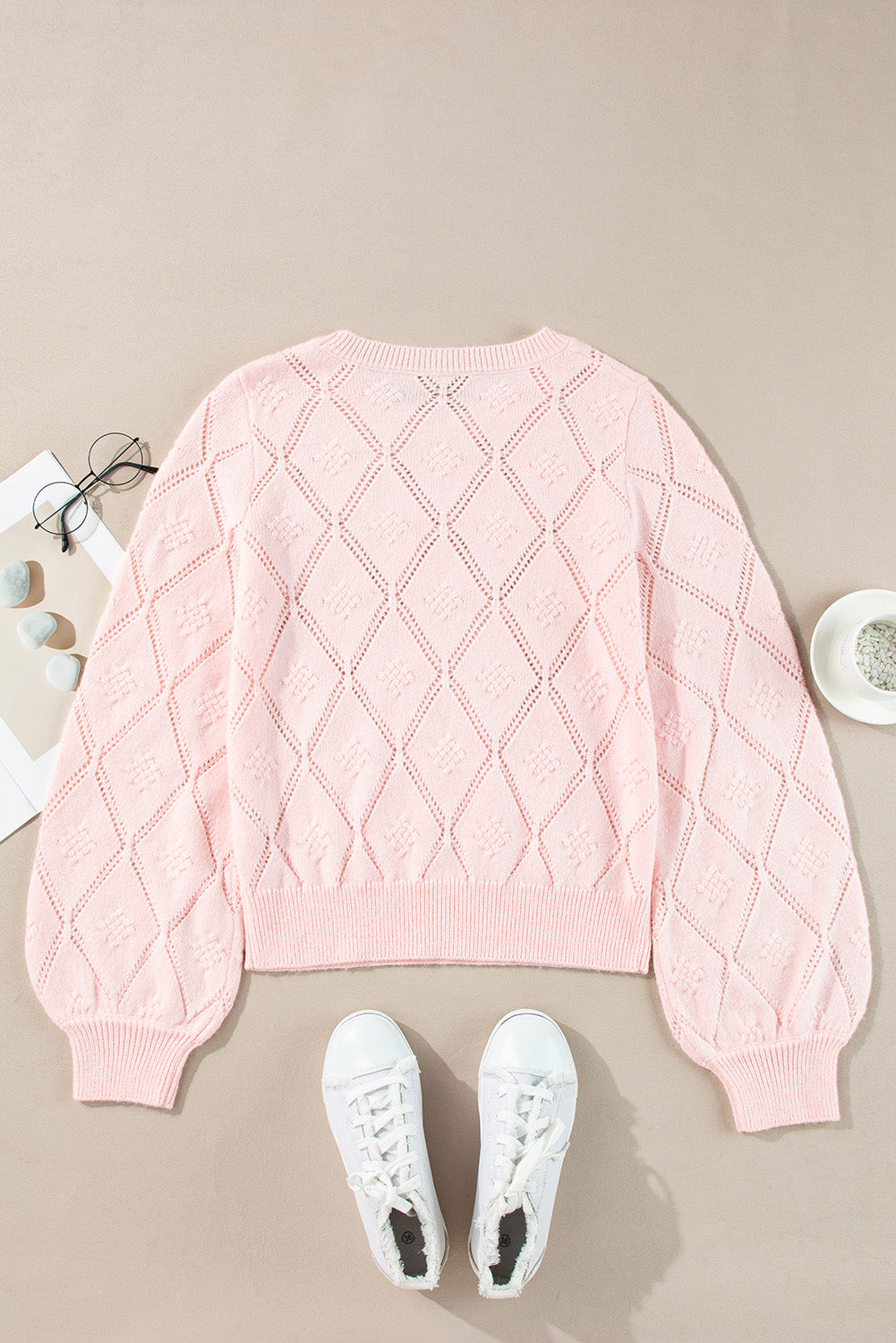 Gossamer Pink Plaid Puff Sleeve Cropped Sweater with Openwork Detail