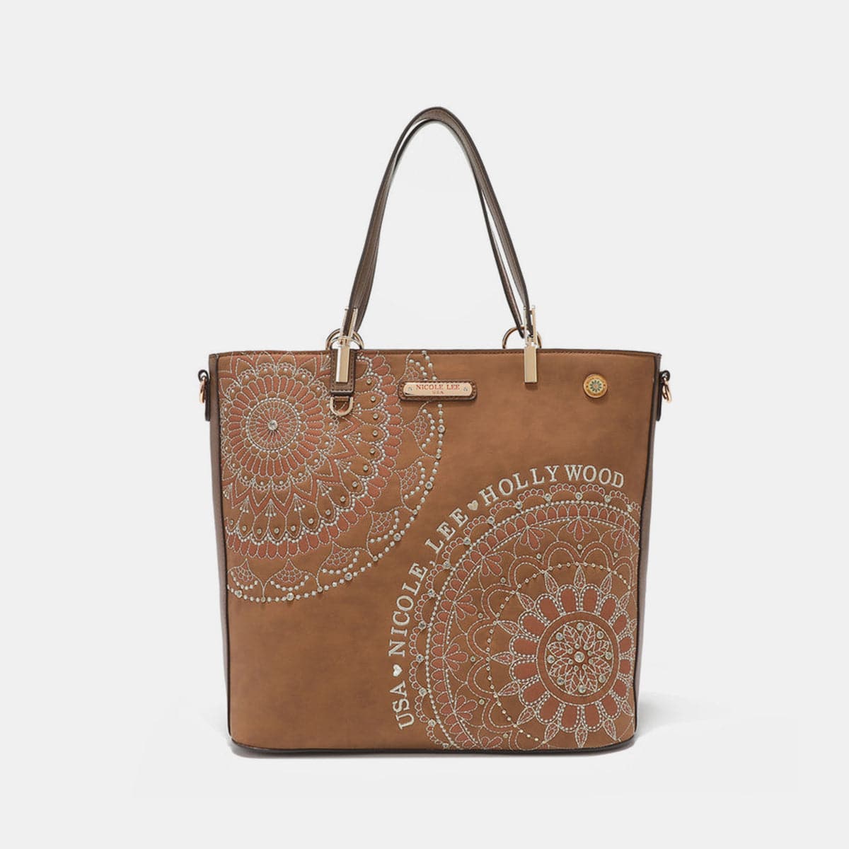 Nicole Lee USA Metallic Stitching Embroidery Inlaid Rhinestone Tote Bag.