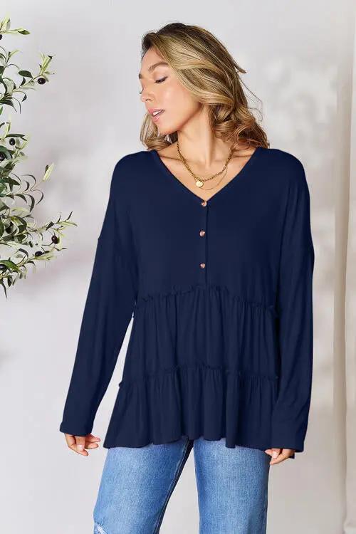 Double Take Half Button Long Sleeve Ruffle Hem Blouse - Love Salve