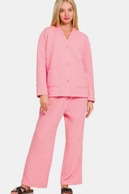 Cozy Quilted Button-Up Lounge Set with Long Sleeve Top and Pants