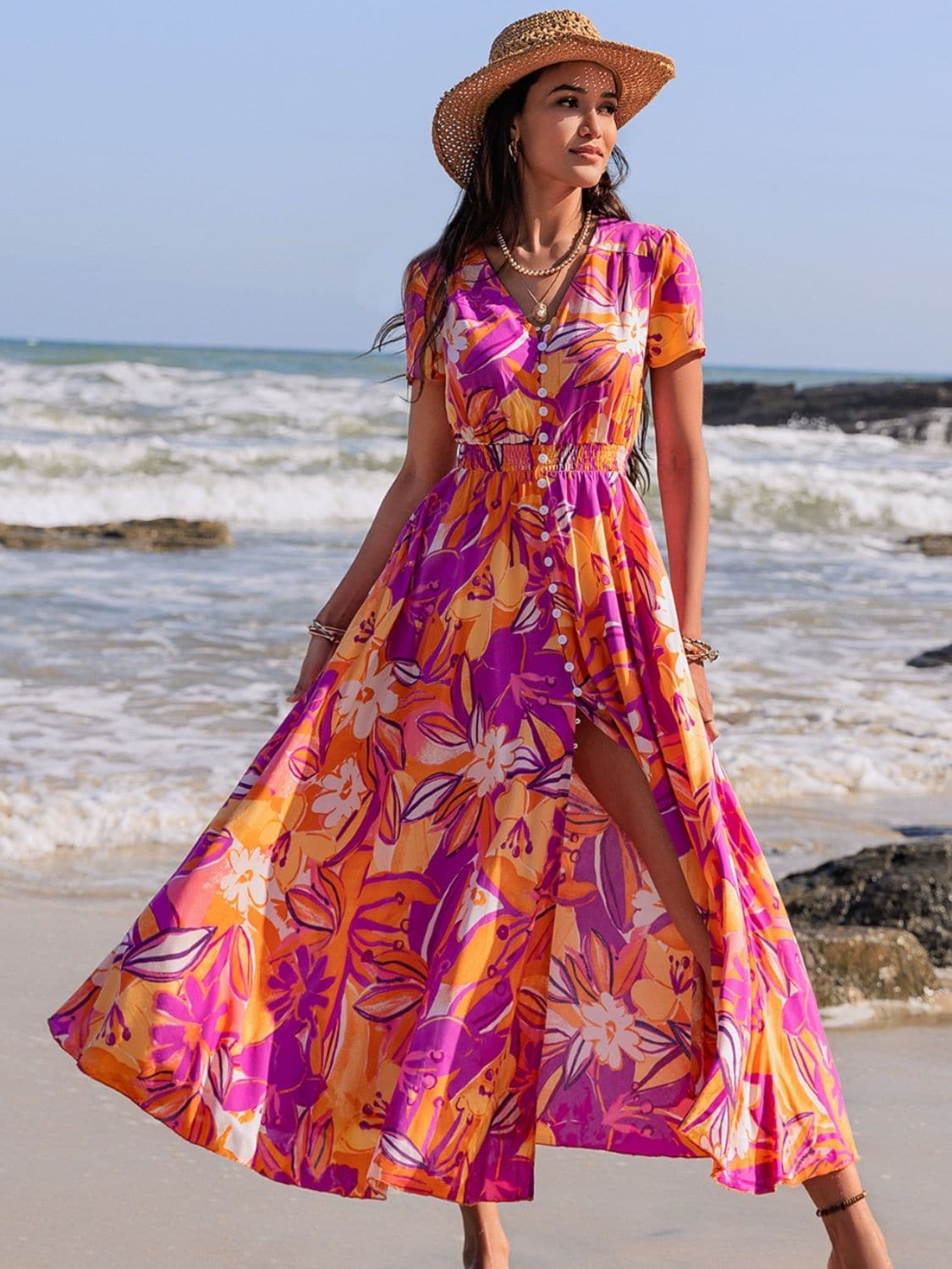 Printed V-Neck Short Sleeve Midi Dress.