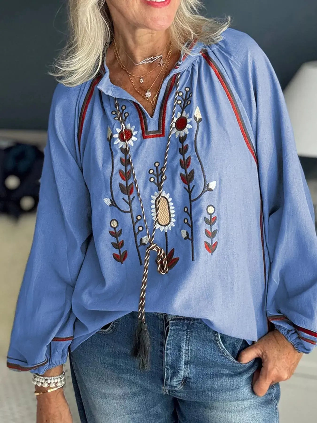 Blue Floral Embroidered Split Neck Tassel Tie Puff Sleeve Blouse Simply Love