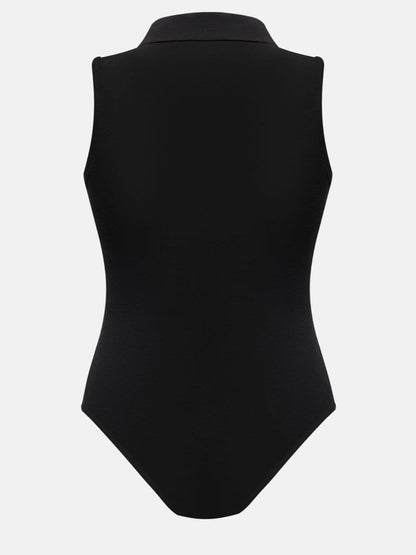 Quarter Zip Collared Neck Sleeveless Bodysuit.