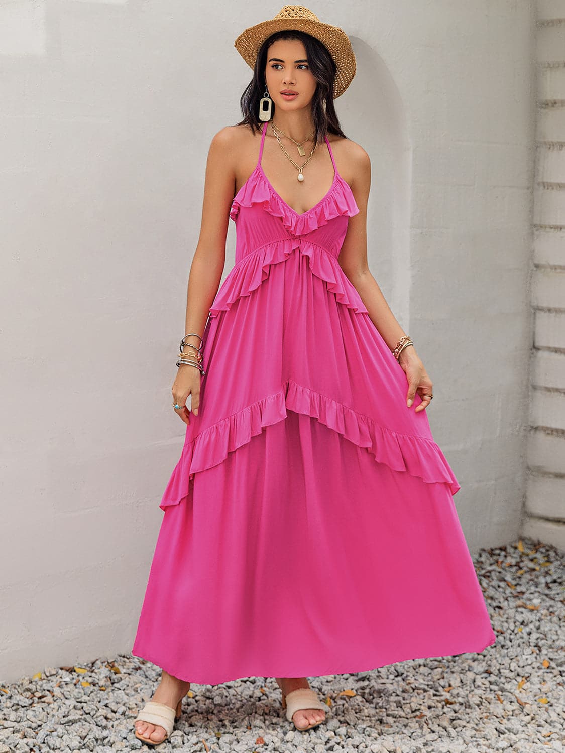 Ruffled Halter Neck Sleeveless Maxi Dress.