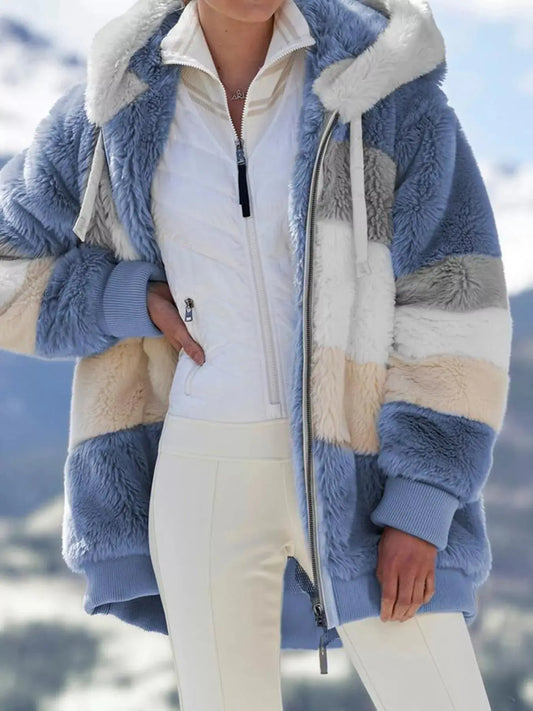 Full Size Fuzzy Zip Up Hooded Outerwear Plus Size Simply Love